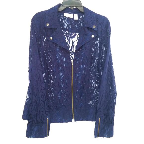 Chico's Navy Lace Moto Jacket Front Zip Up Long Sleeve Collar Sheer Feminine - Picture 1 of 13